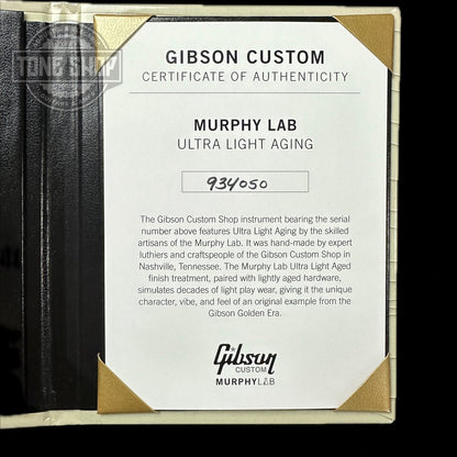 Certificate of authenticity for Gibson Custom Shop M2M 1959 Les Paul Standard Golden Poppy Murphy Lab Ultra Light Aged.