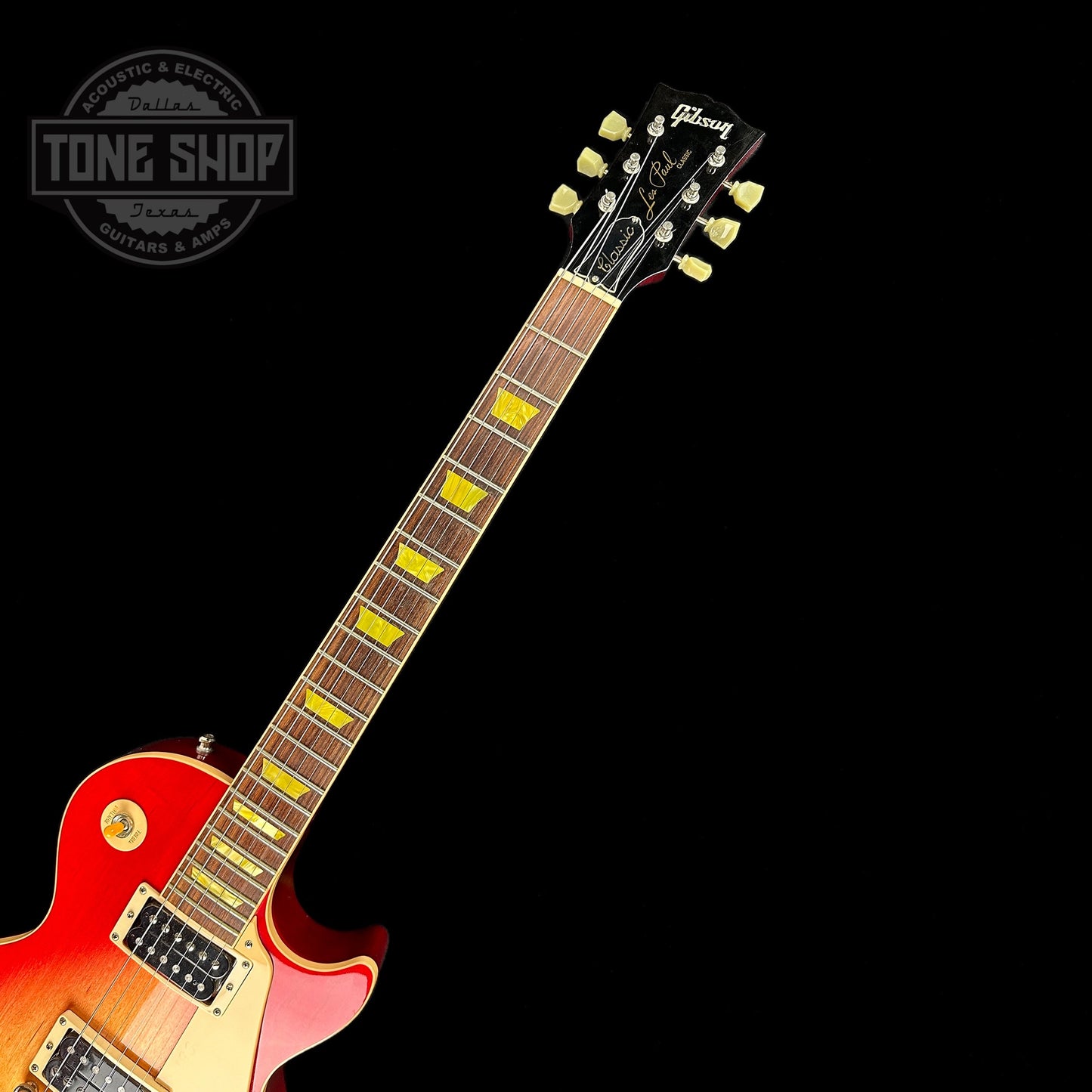 Fretboard of Used Gibson Les Paul Classic Cherry Burst.