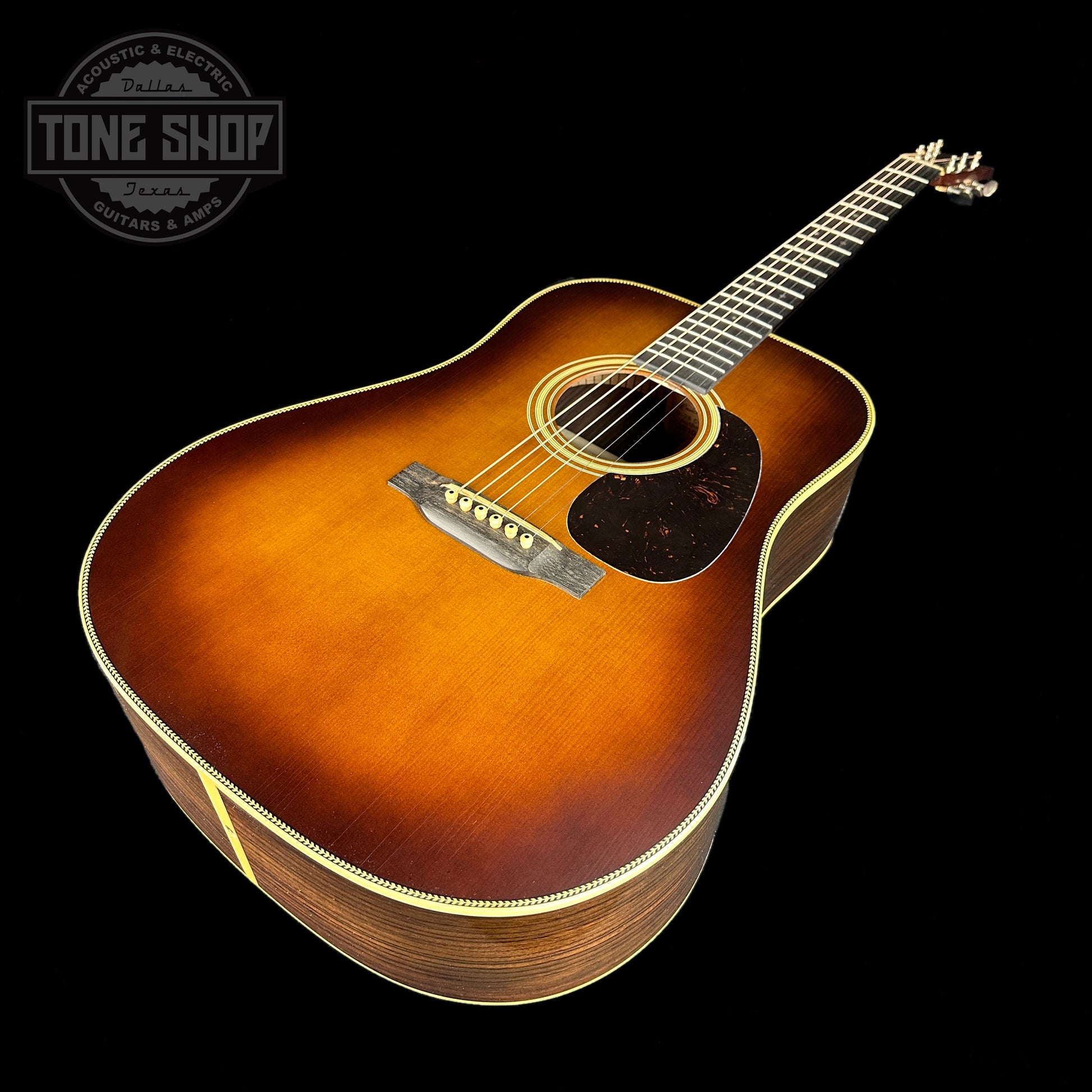 Front angle of Martin Custom Shop D-28 Authentic 1937 Vintage Low Gloss w/Ambertone Burst w/Stage 1 Aging.
