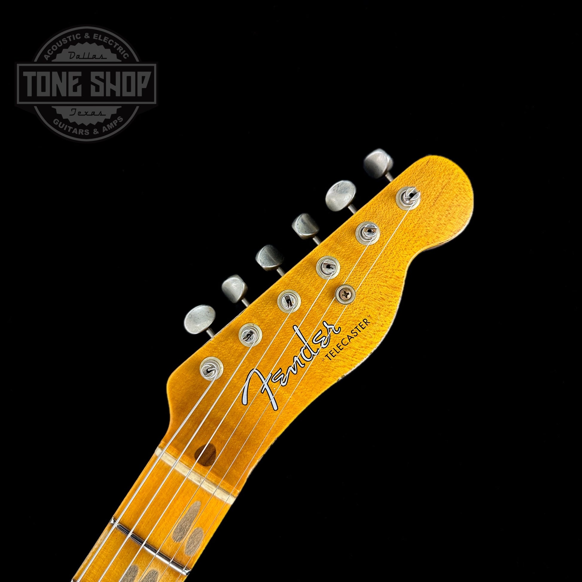Front of headstock of Fender Custom Shop Limited Edition 53 HS Tele Heavy Relic Aged Butterscotch Blonde.