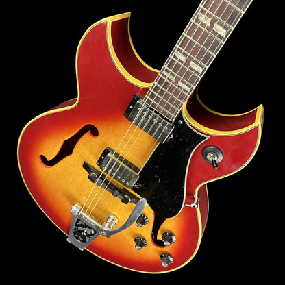 Front angle of Vintage 1968 Gibson Barney Kessel Cherry Sunburst w/Bigsby.