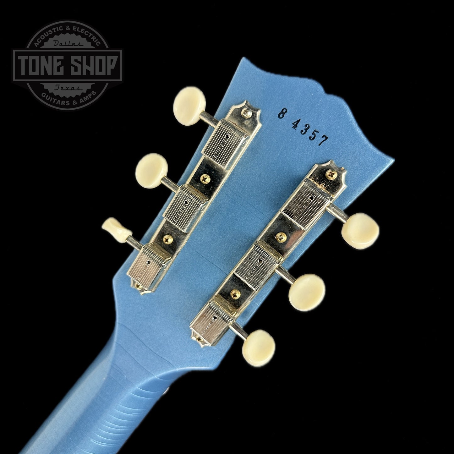 Back of headstock of Gibson Custom Shop M2M 1958 Les Paul Junior Double Cut Ultra Light Aged Pelham Blue.