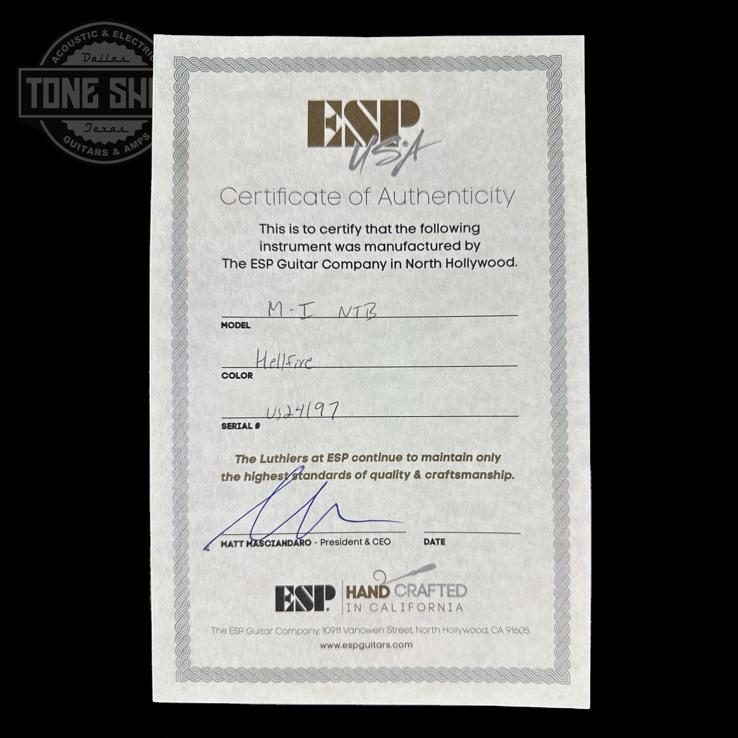 Certificate of authenticity for ESP USA M1 NTB FR Hellfire.