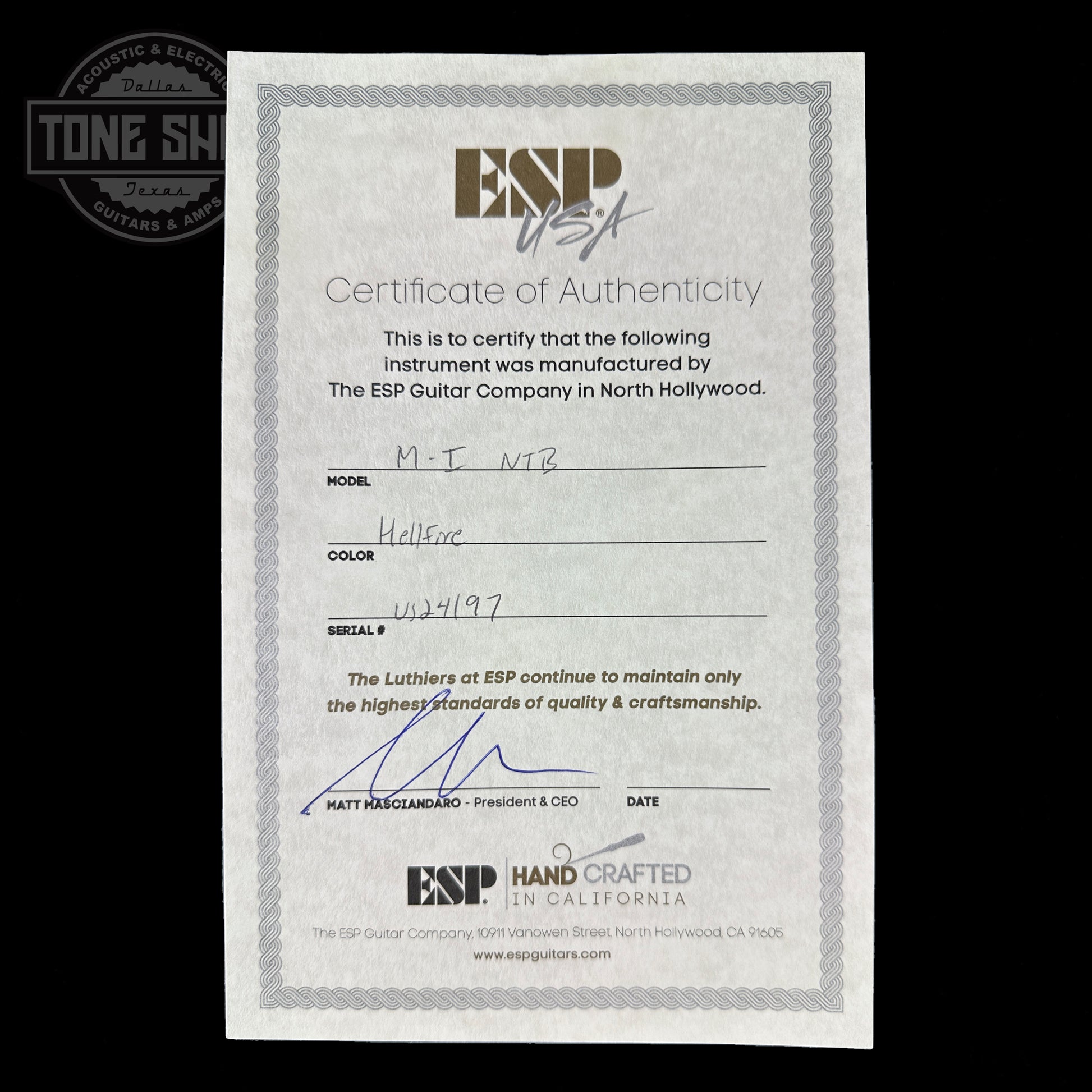 Certificate of authenticity for ESP USA M1 NTB FR Hellfire.