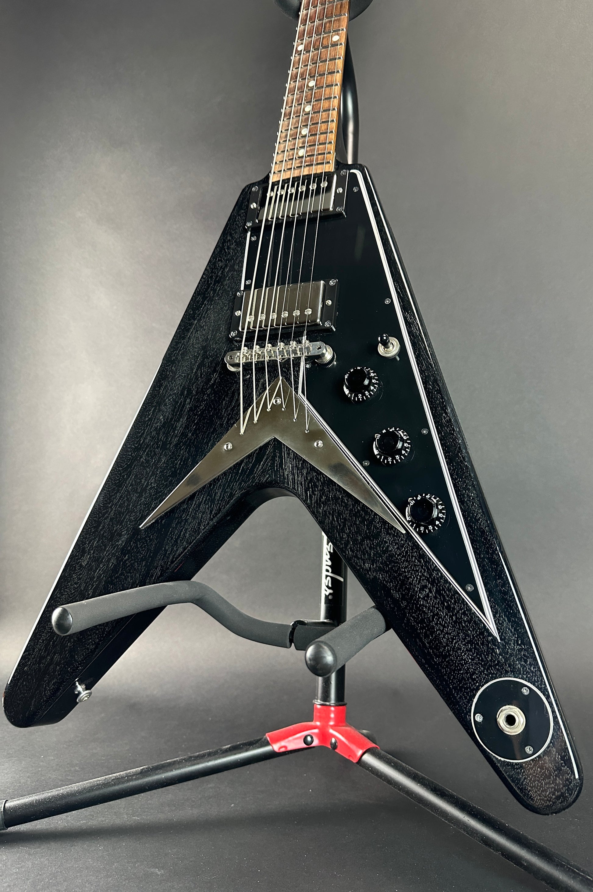 Front angle of Used 2017 Gibson Custom Flying V Black Doghair.