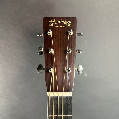 Front of headstock of Used Martin Custom Shop D-28 1937 Vintage Low Gloss Ambertone.