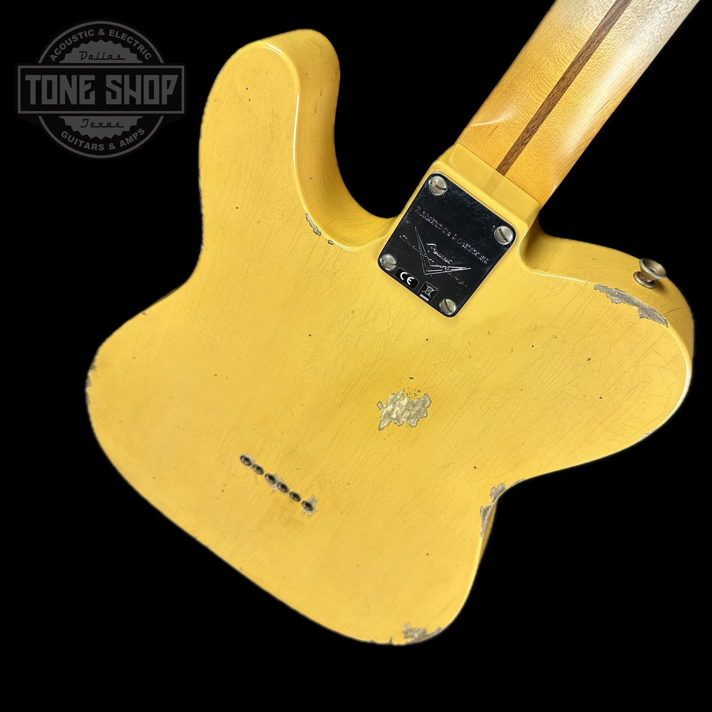 Back angle of Fender Custom Shop 2023 Collection Ltd Nocaster Thinline Relic Aged Nocaster Blonde.