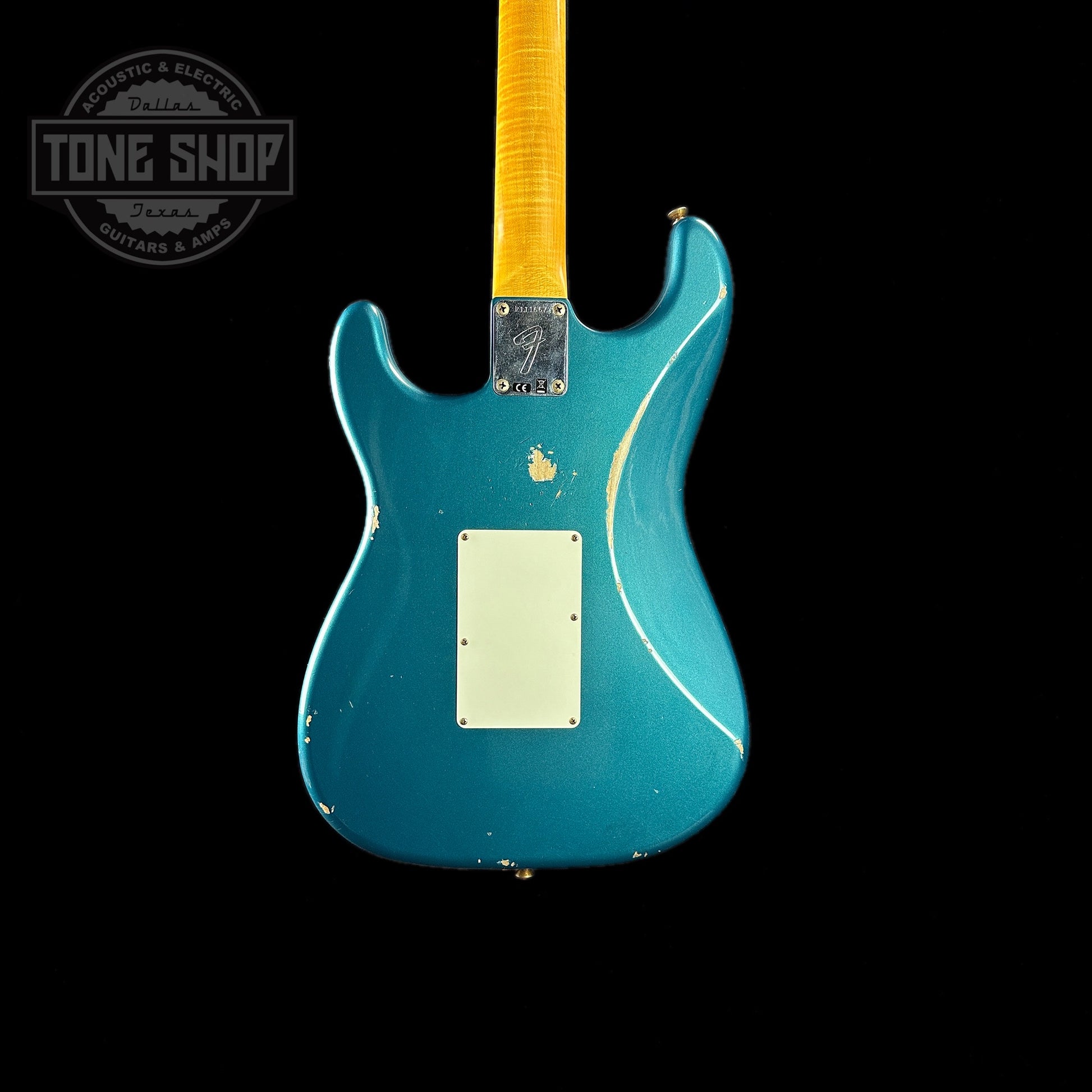 Back of body of Fender Custom Shop 69 Stratocaster Relic HSS Ocean Turquoise Reverse Headstock.