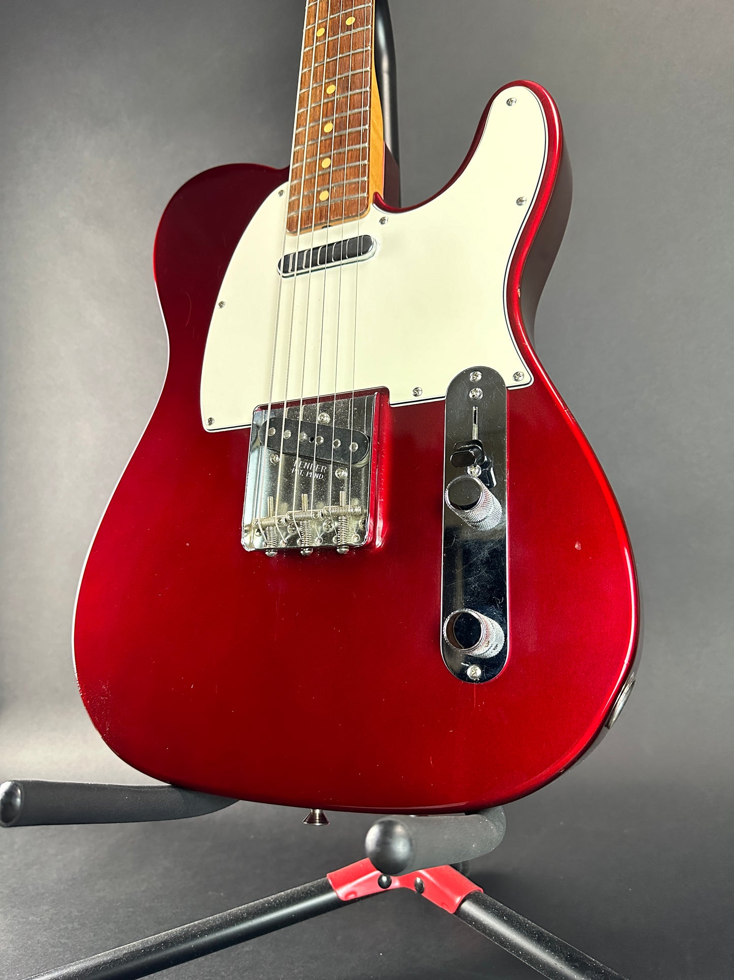 Front angle of Used 2000 Fender Custom Shop 63 Telecaster NOS Candy Apple Red.