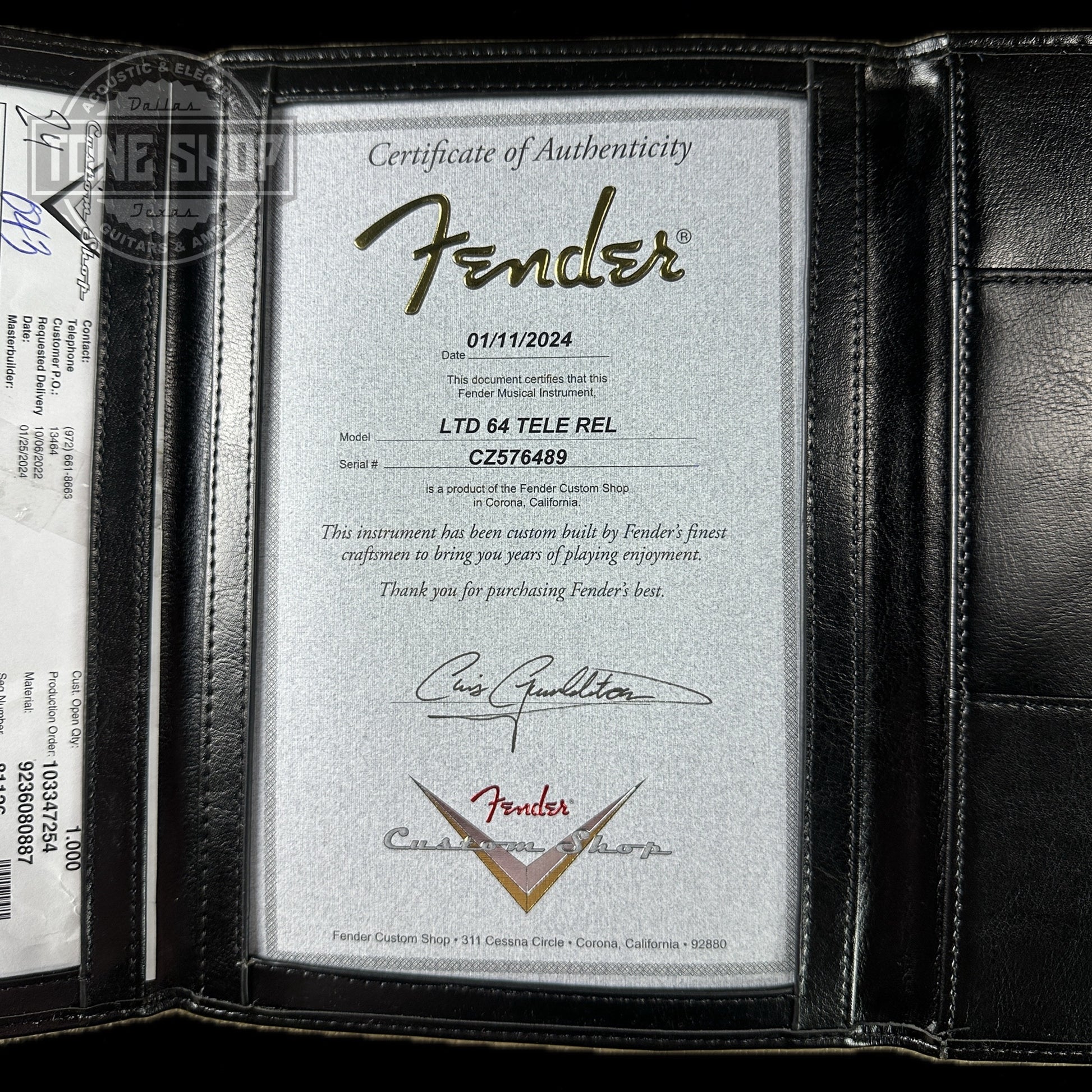 Certificate of authenticity for Fender Custom Shop Limited Edition '64 Tele Relic Aged Lake Placid Blue.