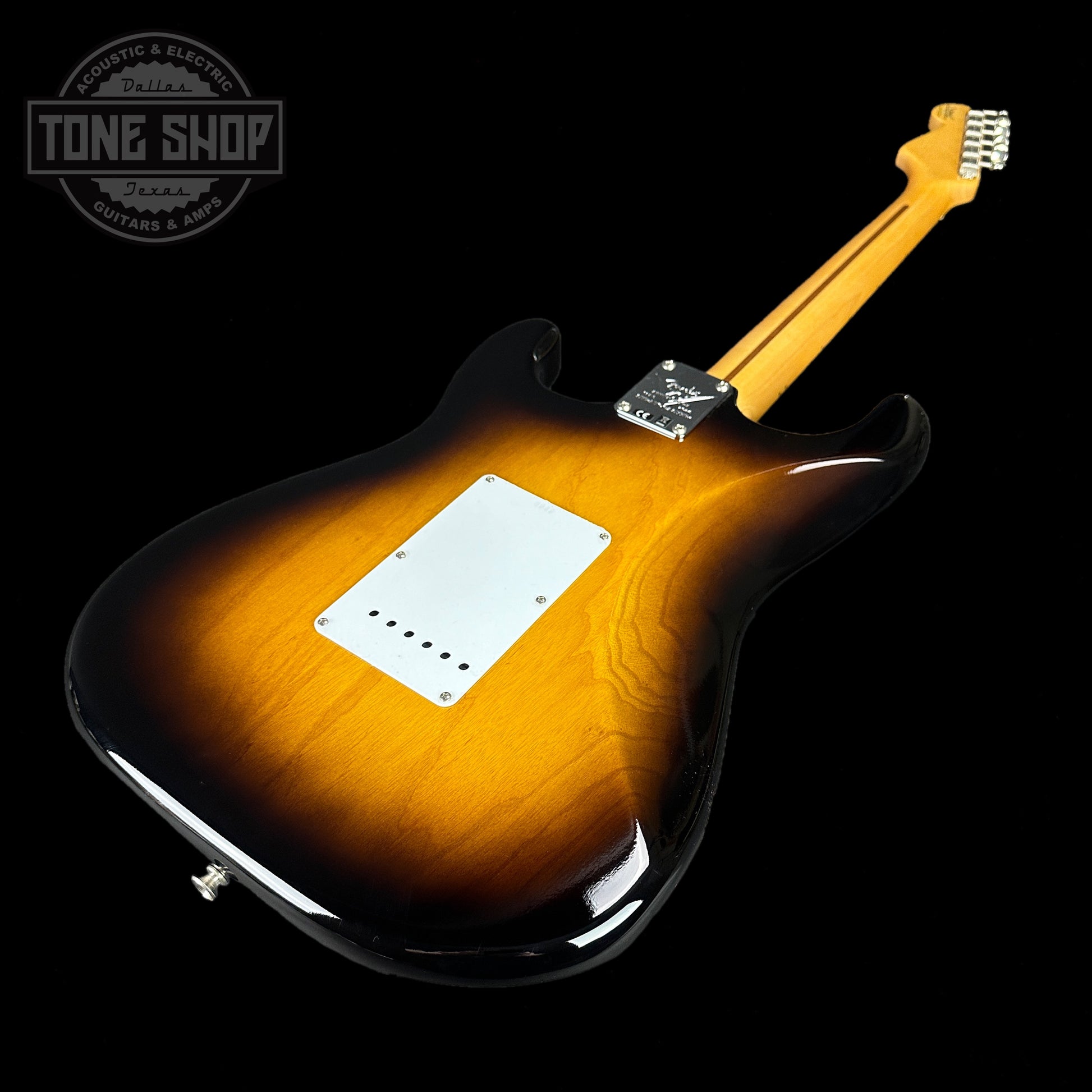 Back angle of Fender Custom Shop LTD 70th Anniversary 1954 Stratocaster Time Capsule 2-Color Sunburst.
