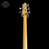 Back of headstock of Used Squier by Fender MB-5 Modern Bass Black Cherry Burst.