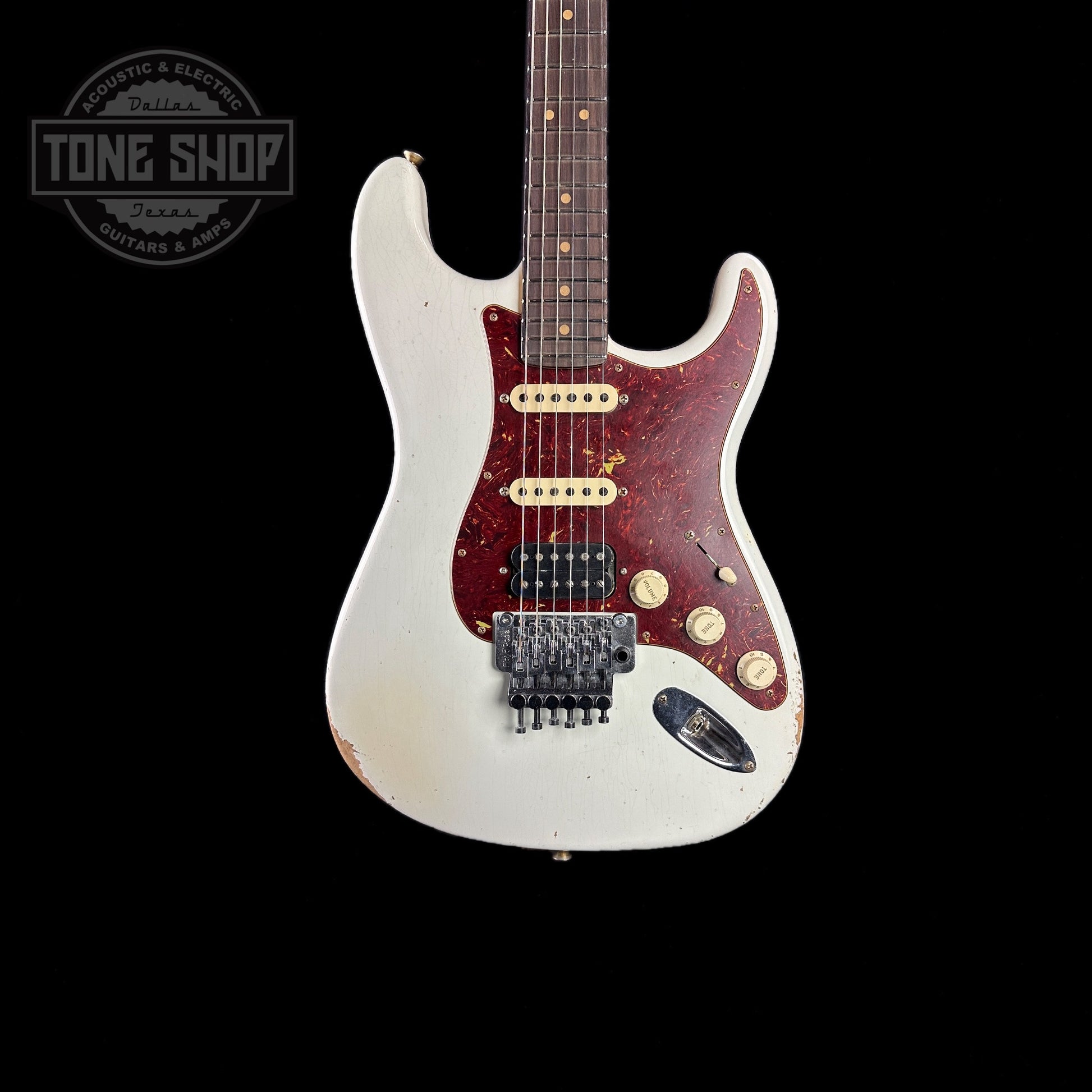 Front of body of Fender Custom Shop 69 Stratocaster Relic HSS Oly White Reverse Headstock.