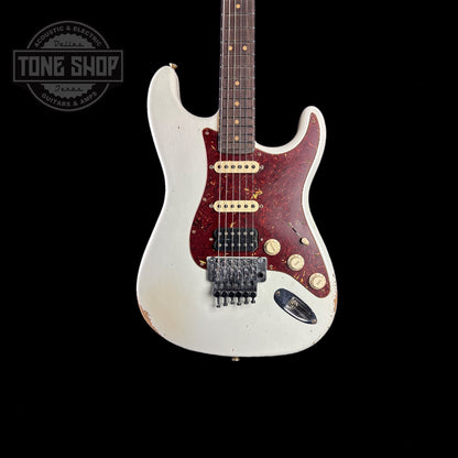 Front of body of Fender Custom Shop 69 Stratocaster Relic HSS Oly White Reverse Headstock.