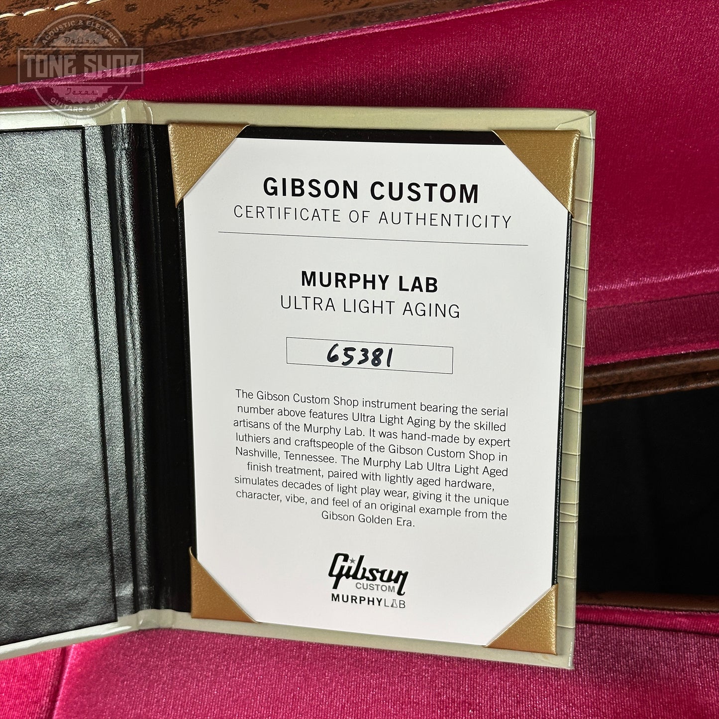 Gibson Custom Certificate of Authenticity for Murphy Lab Ultra Light Aging on a red background