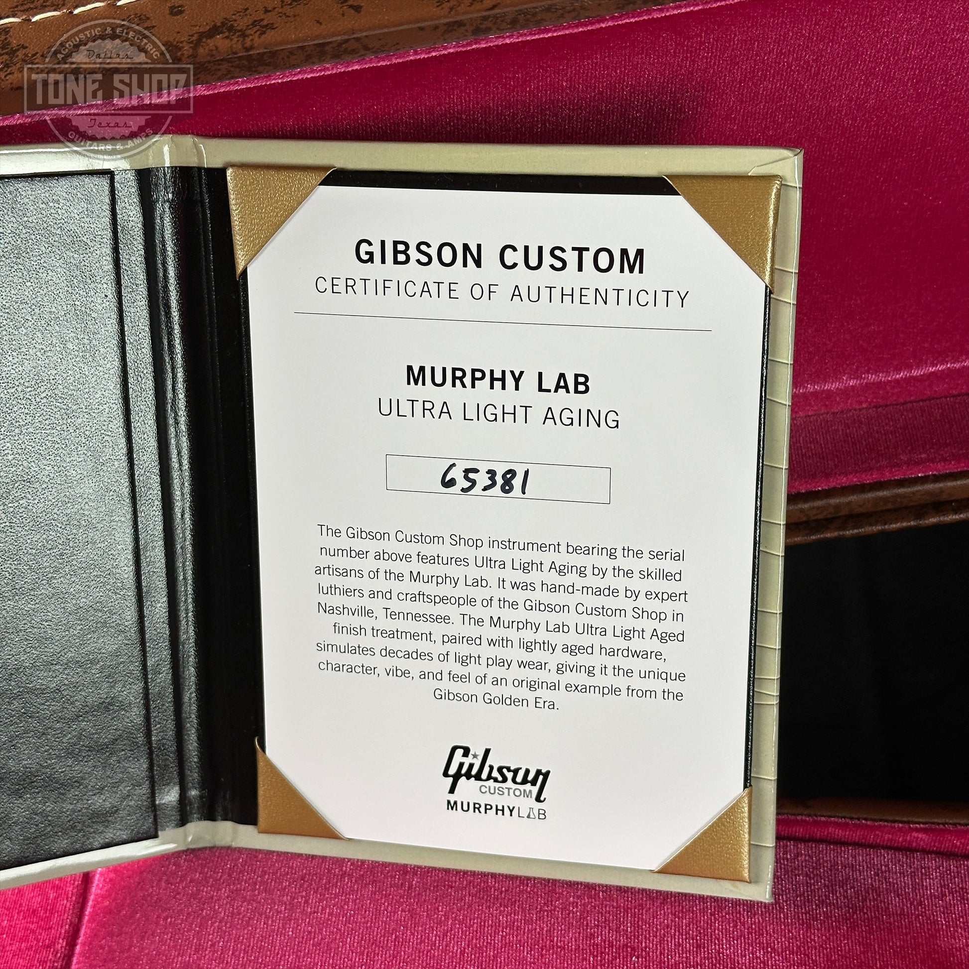 Gibson Custom Certificate of Authenticity for Murphy Lab Ultra Light Aging on a red background