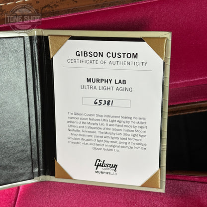 Gibson Custom Certificate of Authenticity for Murphy Lab Ultra Light Aging on a red background