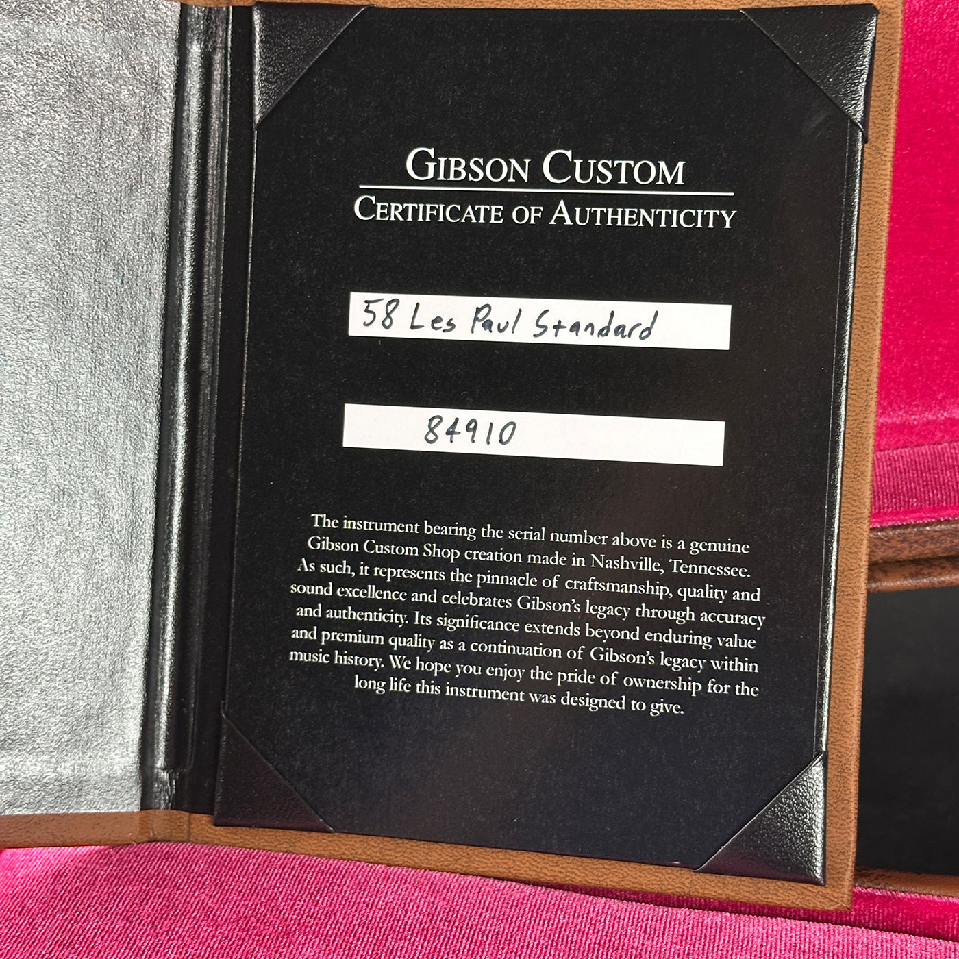 Certificate of Authenticity for Gibson Custom Dealer Select 1958 Les Paul Chambered Slow Iced Tea Fade VOS w/case 84910