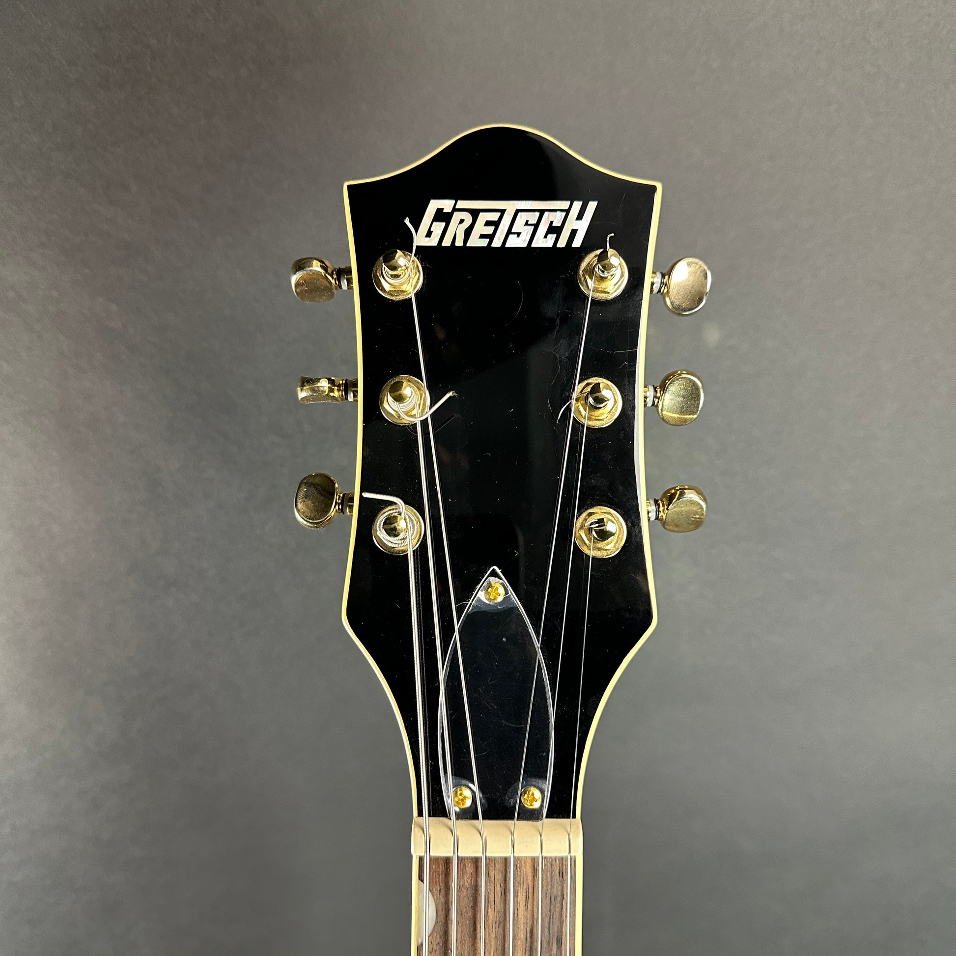 Front of headstock of Used Gretsch G5655TG-CB-JR.