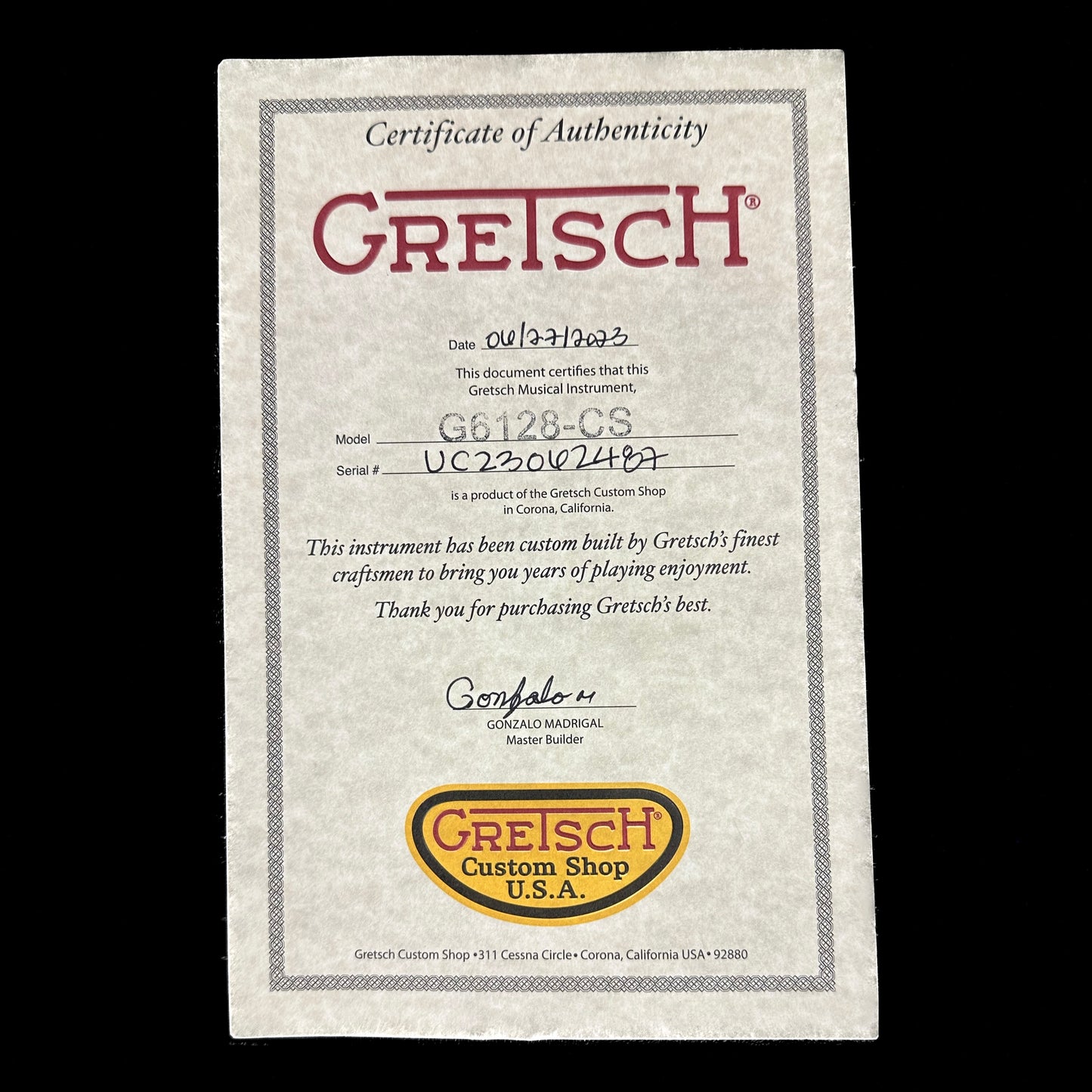 Certificate of authenticity of Gretsch Custom Shop G6128CS-62 Duo Jet Black.