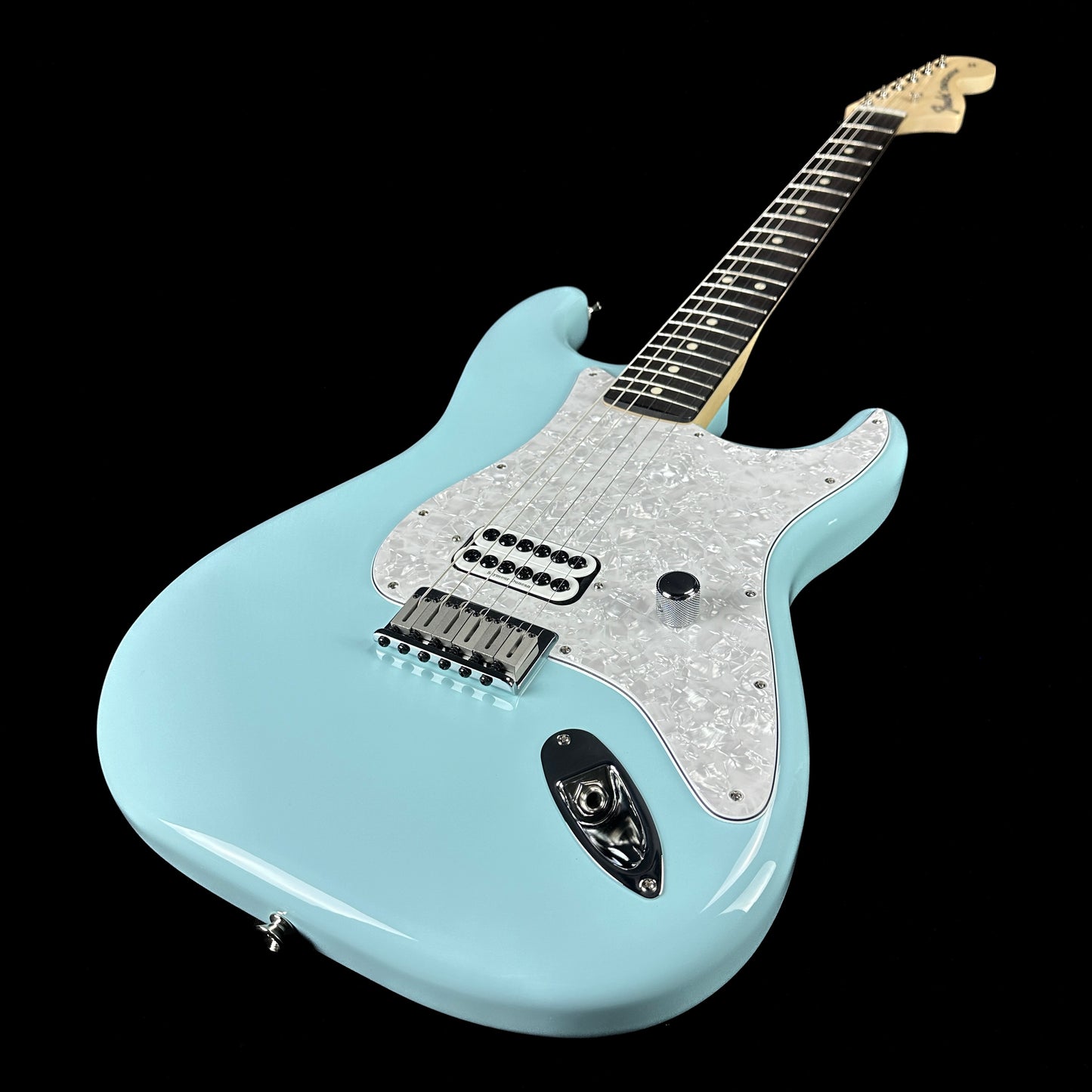 Front angle of Used Fender Limited Edition Tom Delonge Stratocaster Daphne Blue.