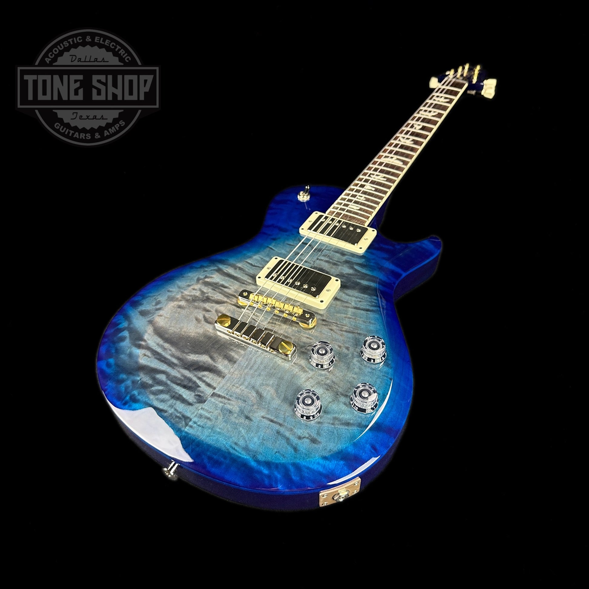 Front angle of PRS Paul Reed Smith S2 McCarty 594 Singlecut Quilt Faded Gray Black Blue Burst.