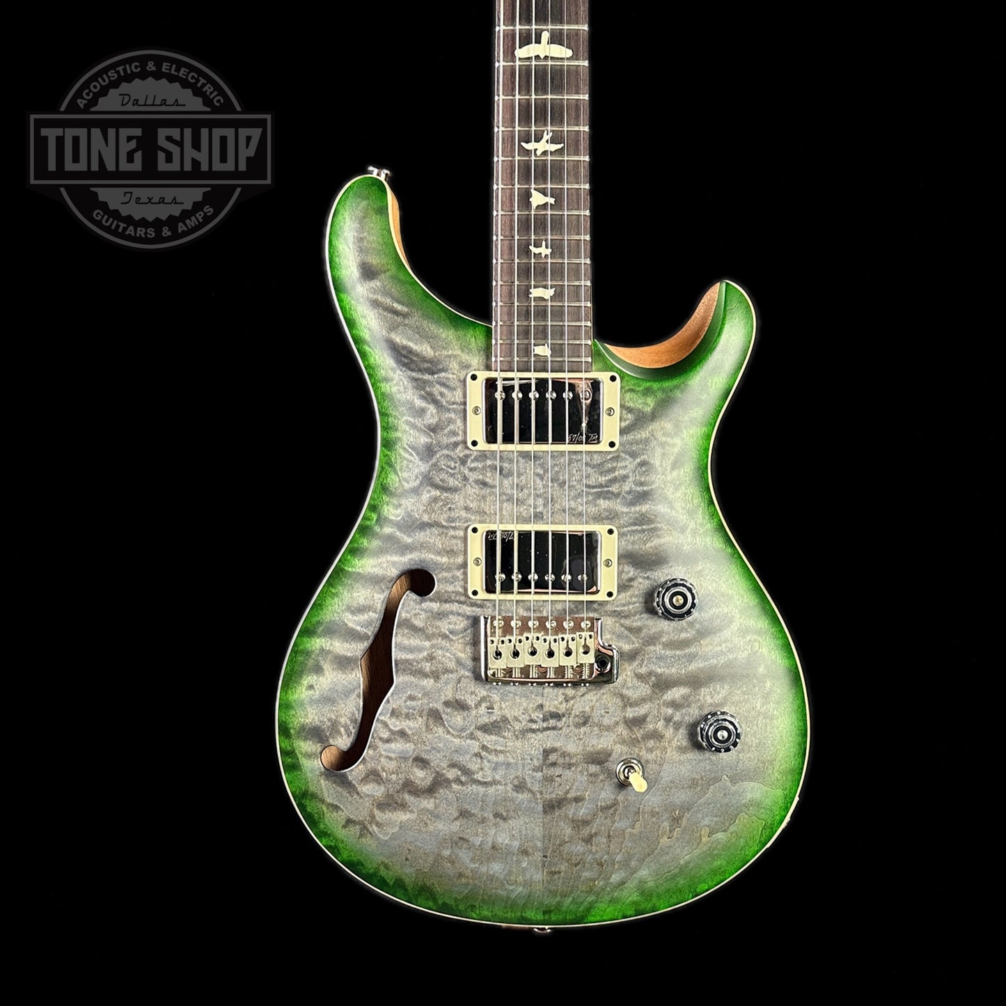 Front of body of PRS Paul Reed Smith CE24 Semi-hollow Faded Gray Black Green Burst.