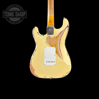 Back of body of Fender Custom Shop 1961 Stratocaster Heavy Relic Aged Vintage White/3-color Sunburst.