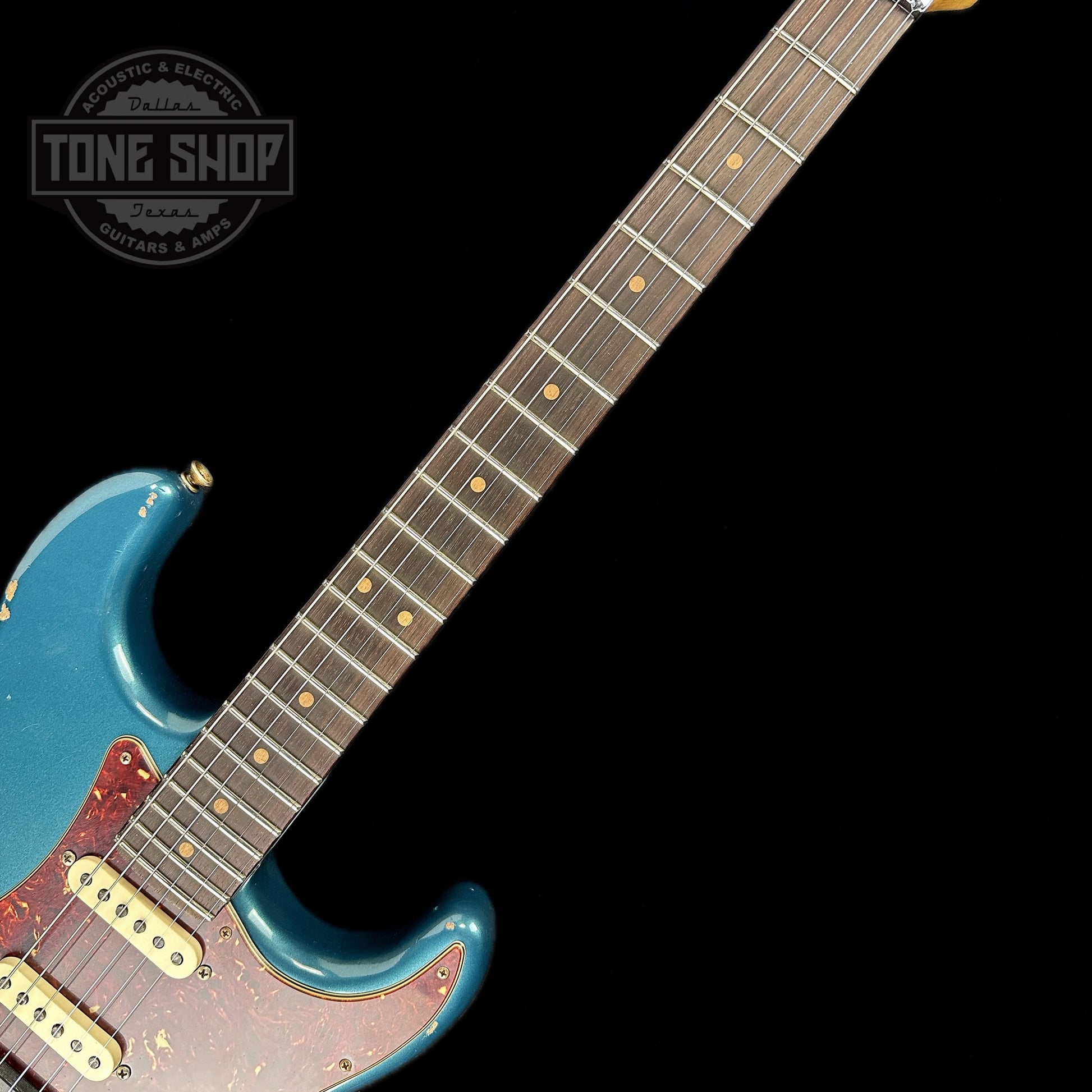 Fretboard of Fender Custom Shop 69 Stratocaster Relic HSS Ocean Turquoise Reverse Headstock.