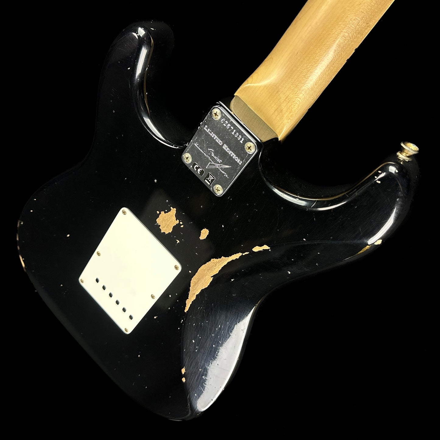 Back angle of Fender Custom Shop Limited Edition 1968 Stratocaster Relic Aged Black.