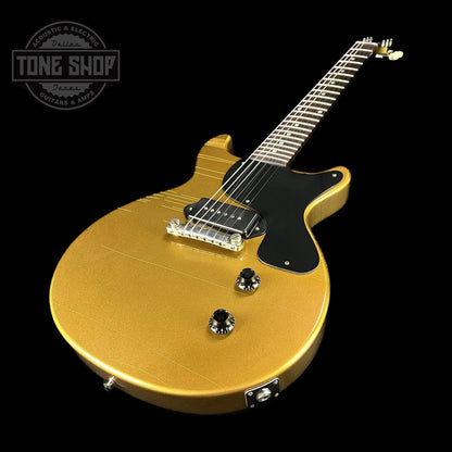Front angle of Gibson Custom Shop M2M 1958 Les Paul Junior Doublecut Double Gold Murphy Lab Ultra Light Aged.