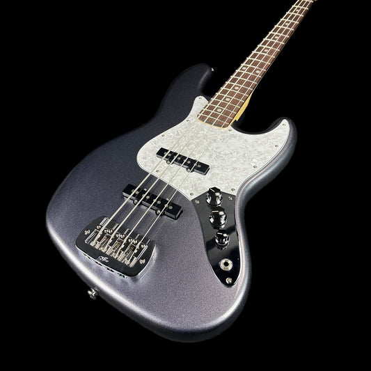 Front angle of G&L USA JB Jazz Bass Graphite Metallic.