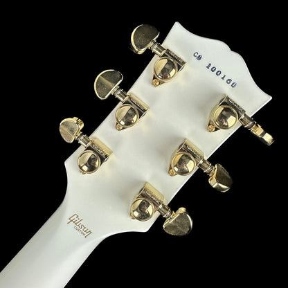 Back of headstock of Used Gibson Custom Shop Les Paul Custom Alpine White.