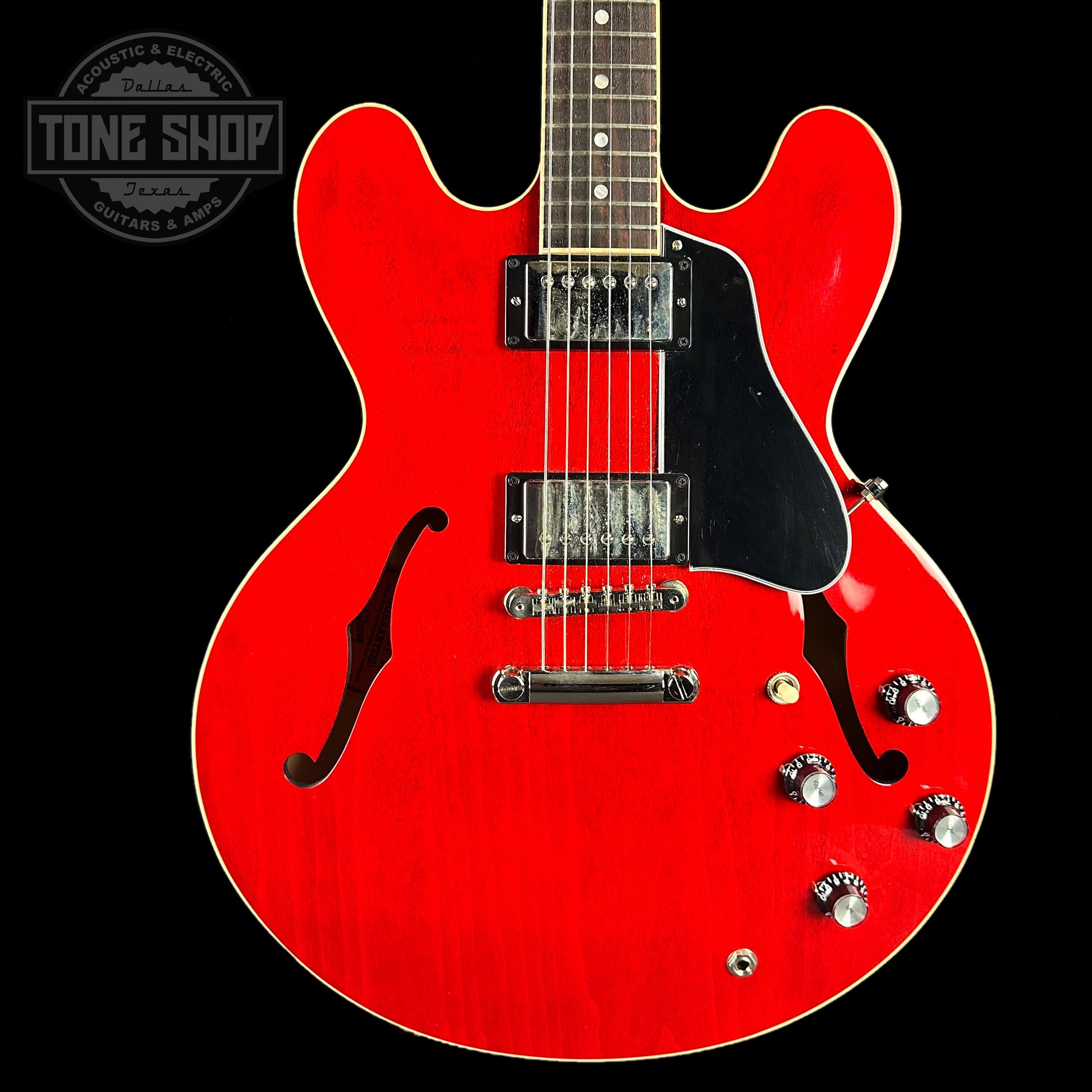 Front of body of Used Gibson ES-335 Dot Cherry.
