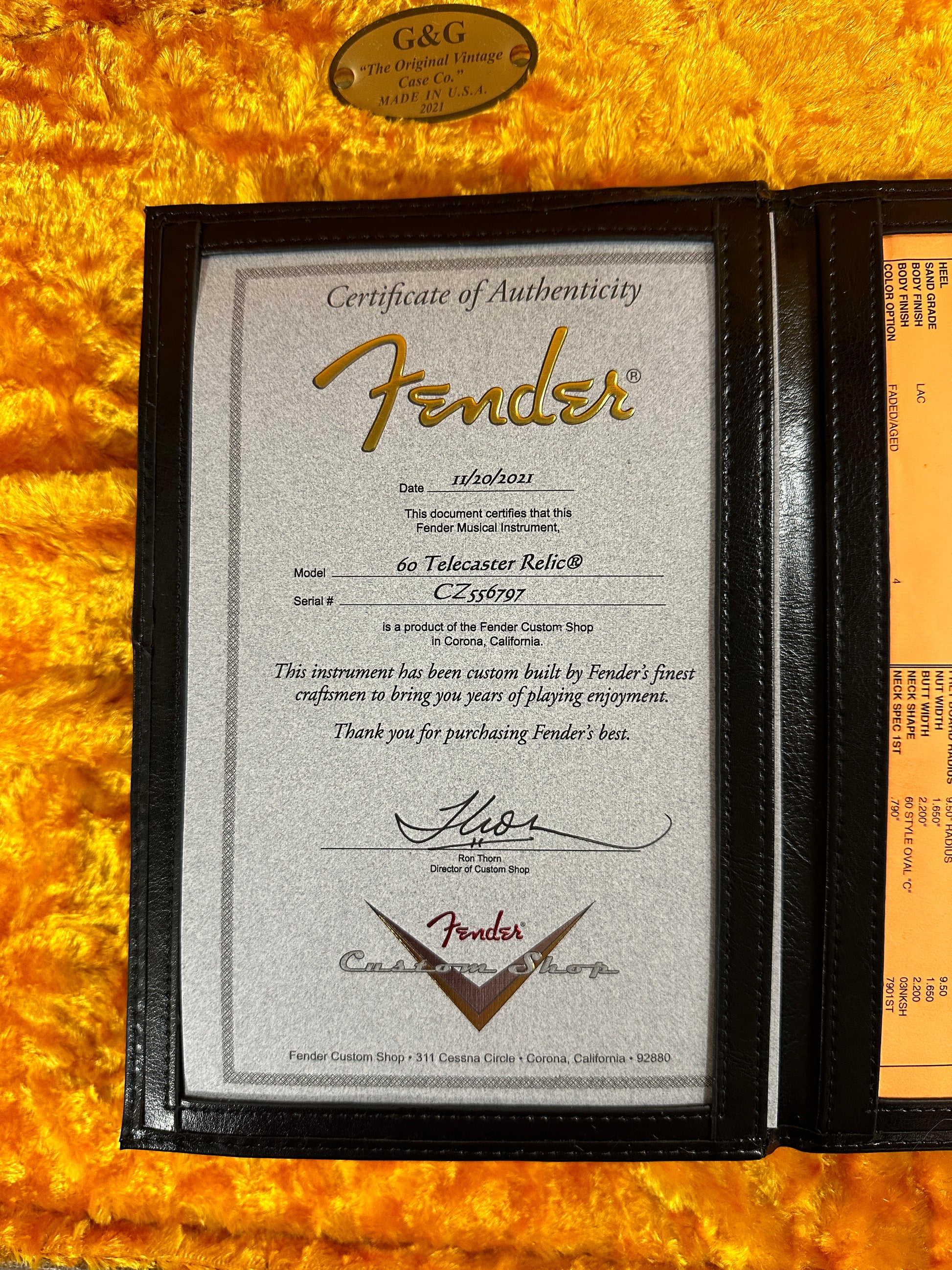 Certificate of authenticity for Used Fender Custom Shop 1960 Telecaster Faded Aged 3-Color Relic.