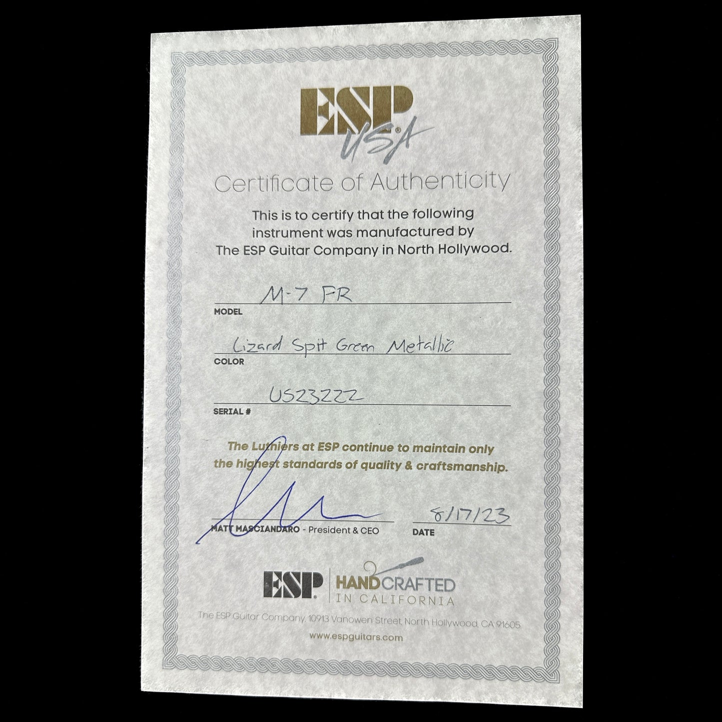 Certificate of authenticity for ESP USA M-7 FR E GH SD Lizard Spit Green Metallic.