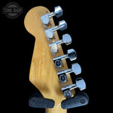 Back of headstock of Used Squier Stratocaster MIK Red (upgraded tuners, no trem bar) TSS7626.