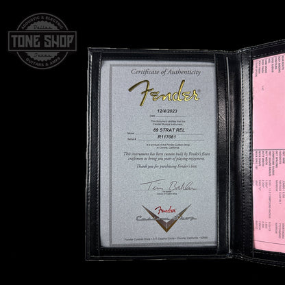 Certificate of authenticity for Fender Custom Shop 69 Stratocaster Relic HSS Shell Pink Reverse Headstock.