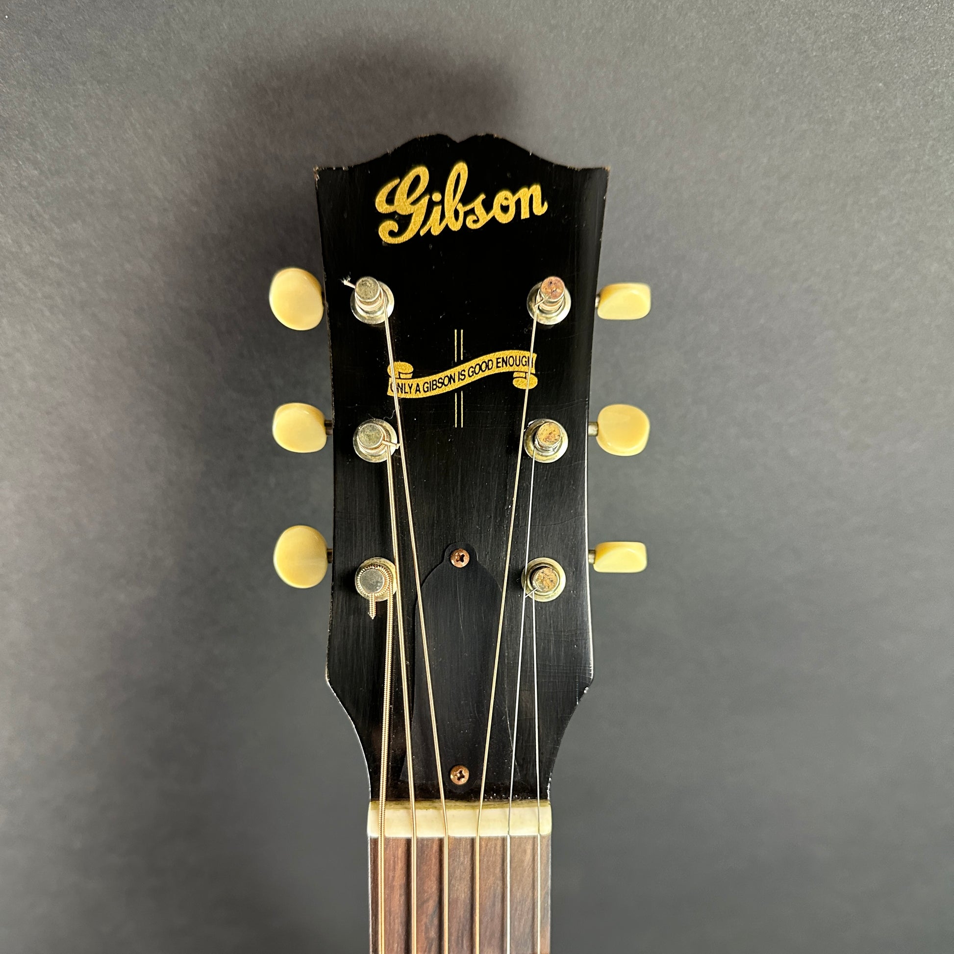 Front of headstock of Used Gibson 1942 Banner J-45 Murphy Lab.