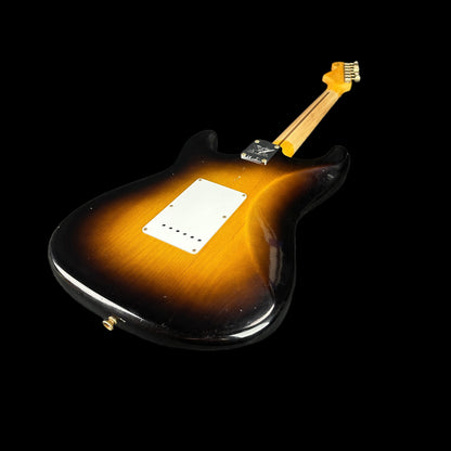 Back angle of Fender Custom Shop LTD 70th Anniversary 1954 Stratocaster Journeyman Relic 2-Color Sunburst.