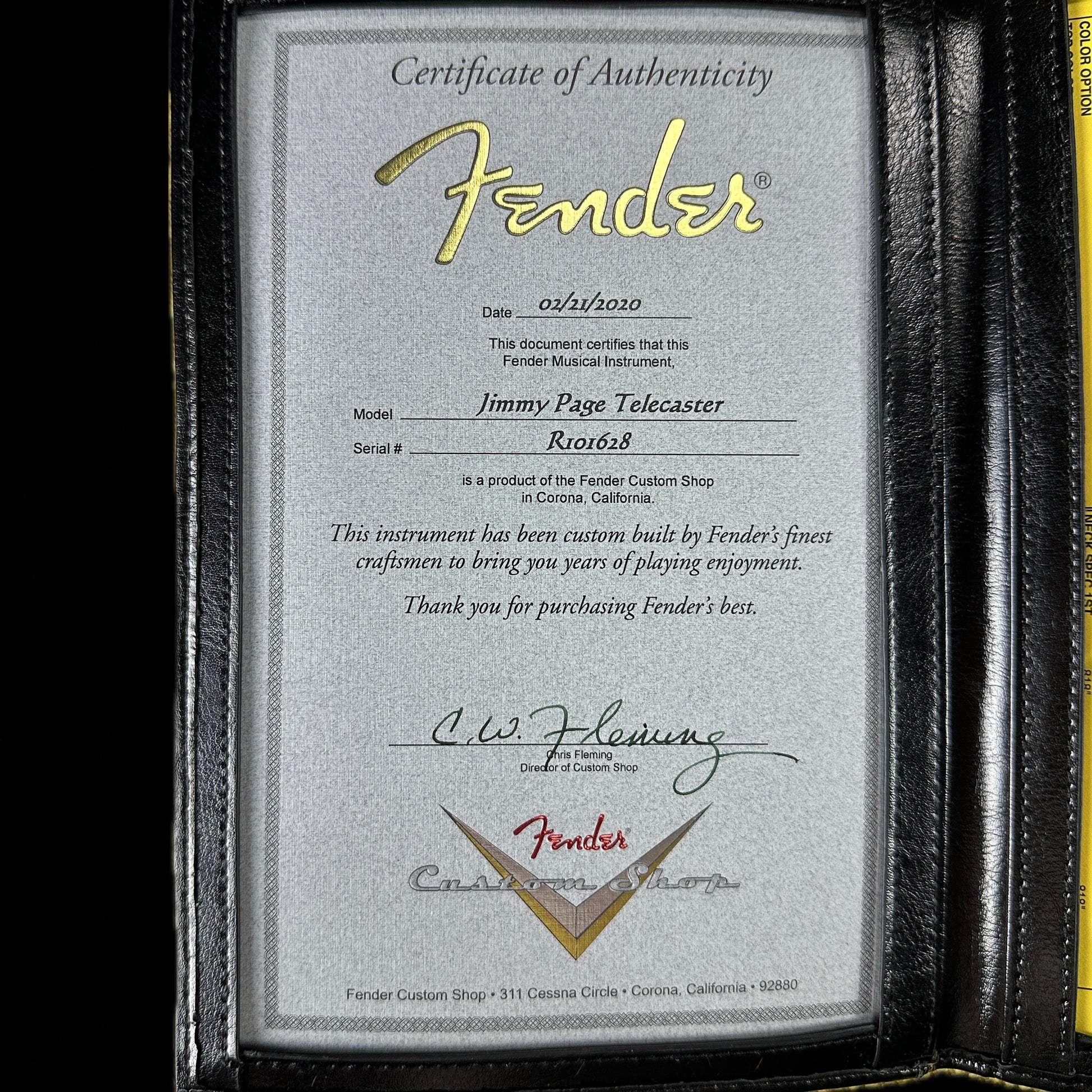 Certificate of authenticity for Used Fender Custom Shop Jimmy Page Telecaster.