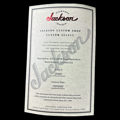 Certificate of authenticity for Jackson Custom Shop SL2H Floyd Rose Trans Black Burst.