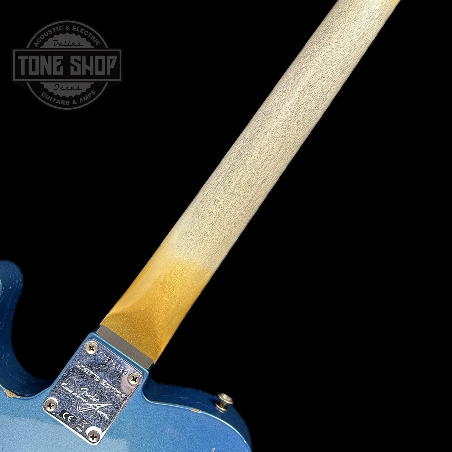 Back of neck of Fender Custom Shop Limited Edition '64 Tele Relic Aged Lake Placid Blue.