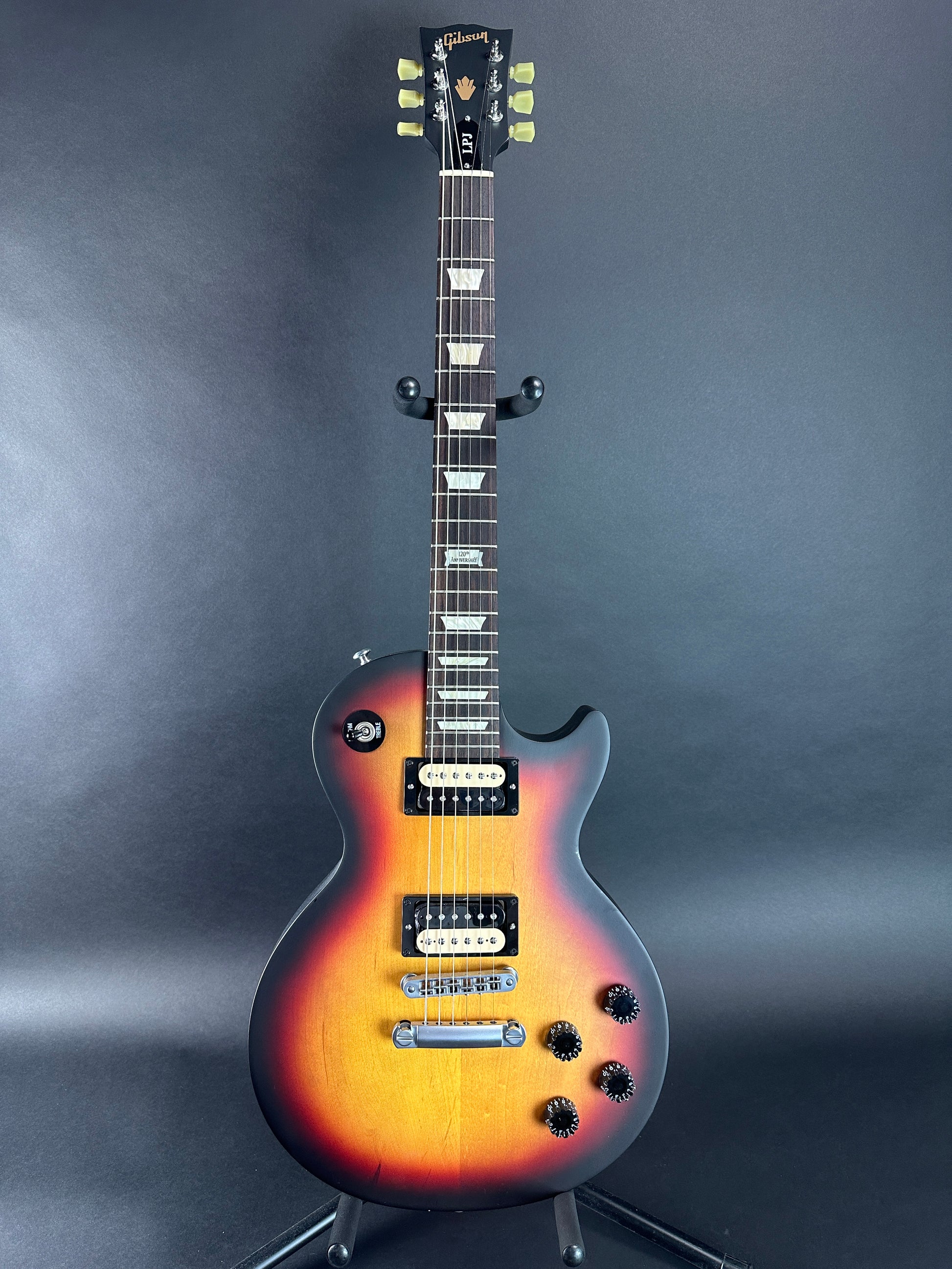 Full front of Used Gibson Les Paul LPJ 120th Anniversary Sunburst.
