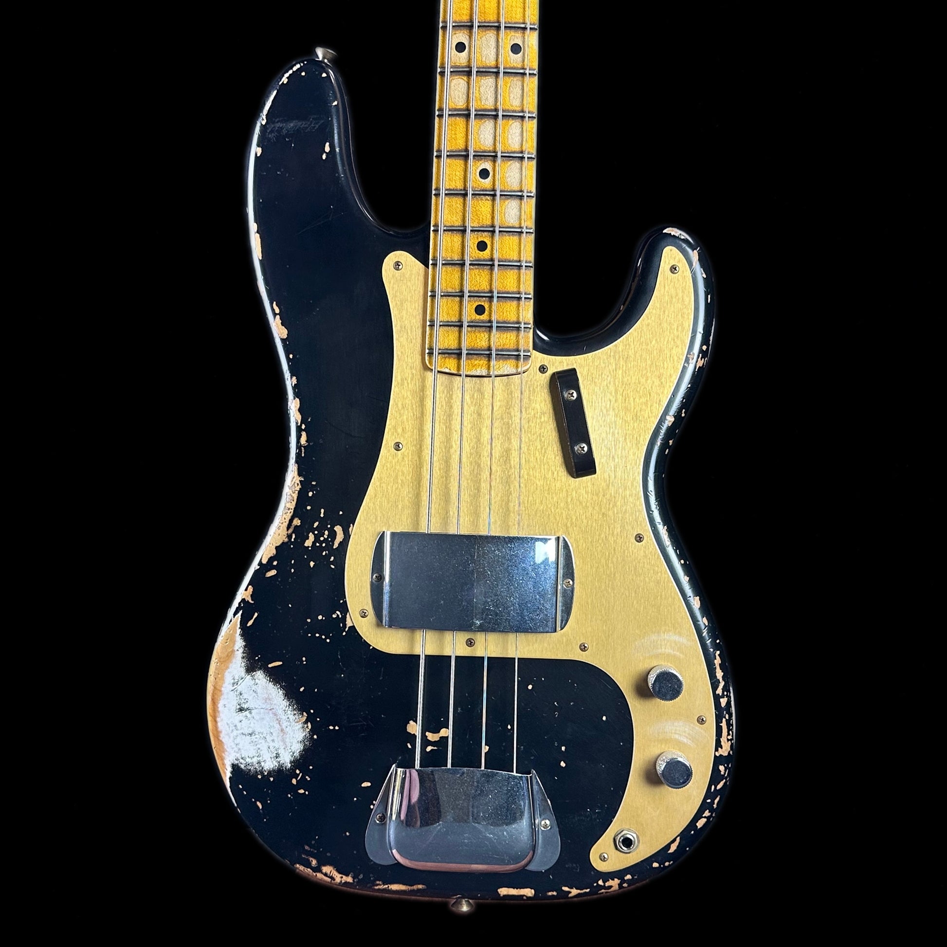 Front of body of Used Fender Custom Shop '58 Precision Bass Heavy Relic Black.