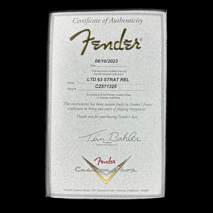 Certificate of authenticity for Fender Custom Shop Limited Edition '63 Strat Relic Aged Candy Apple Red.