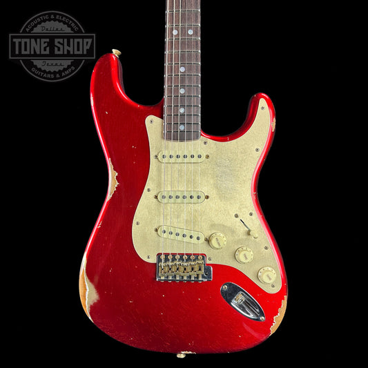 Front of body of Fender Custom Shop 2023 Collection Ltd Roasted Big Head Strat Relic Aged Candy Apple Red.