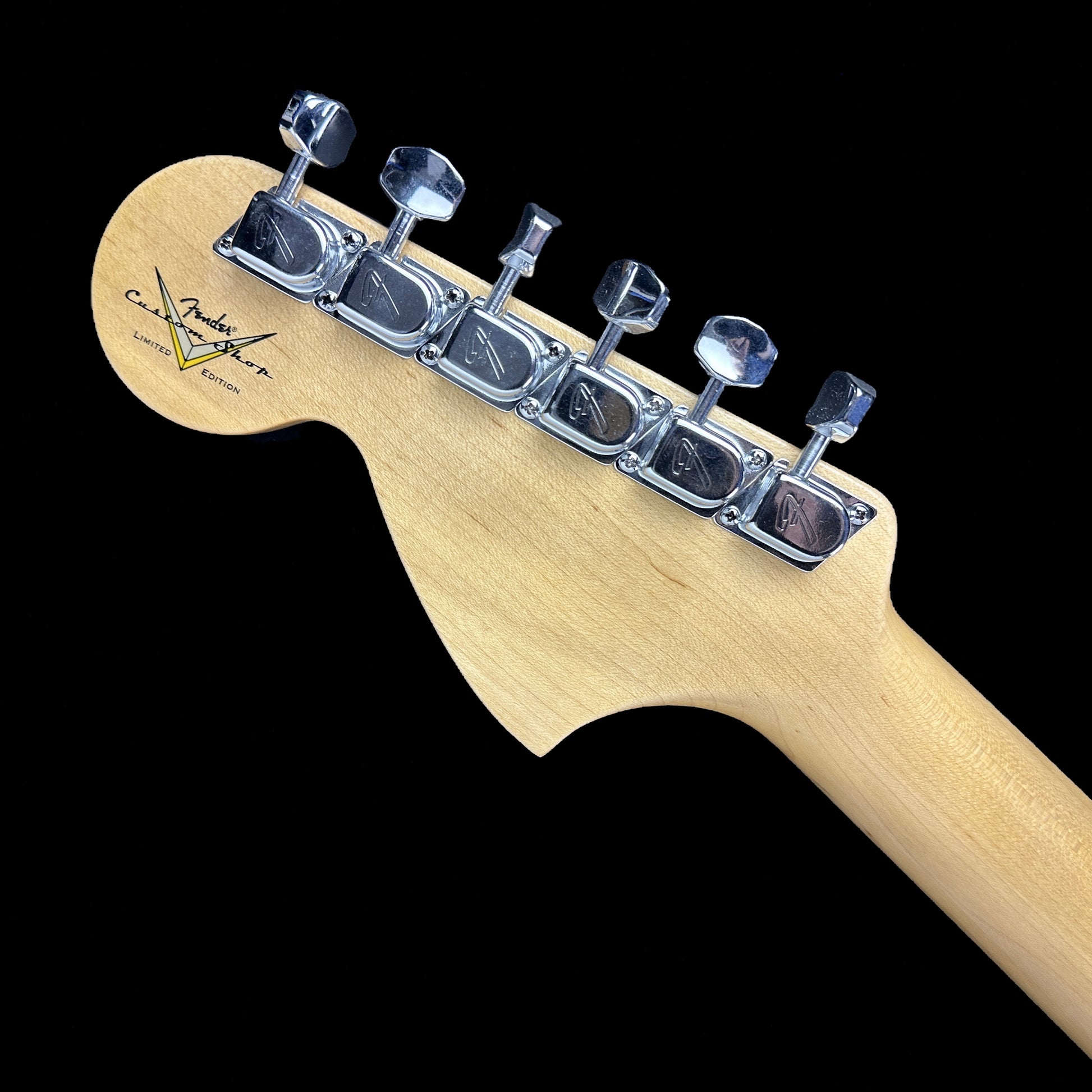 Back of headstock of Fender Custom Shop Limited Edition 1968 Stratocaster Relic Aged Black.
