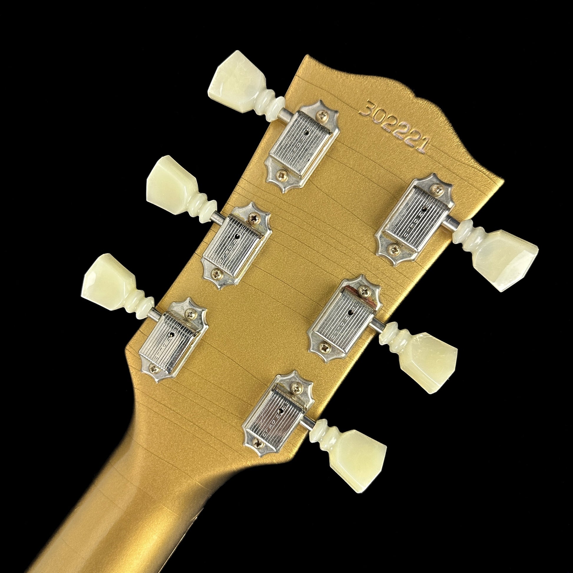 Back of headstock of Gibson Custom Shop M2M 61 SG Standard Double Gold Stop Bar Murphy Lab Ultra Light Aged.