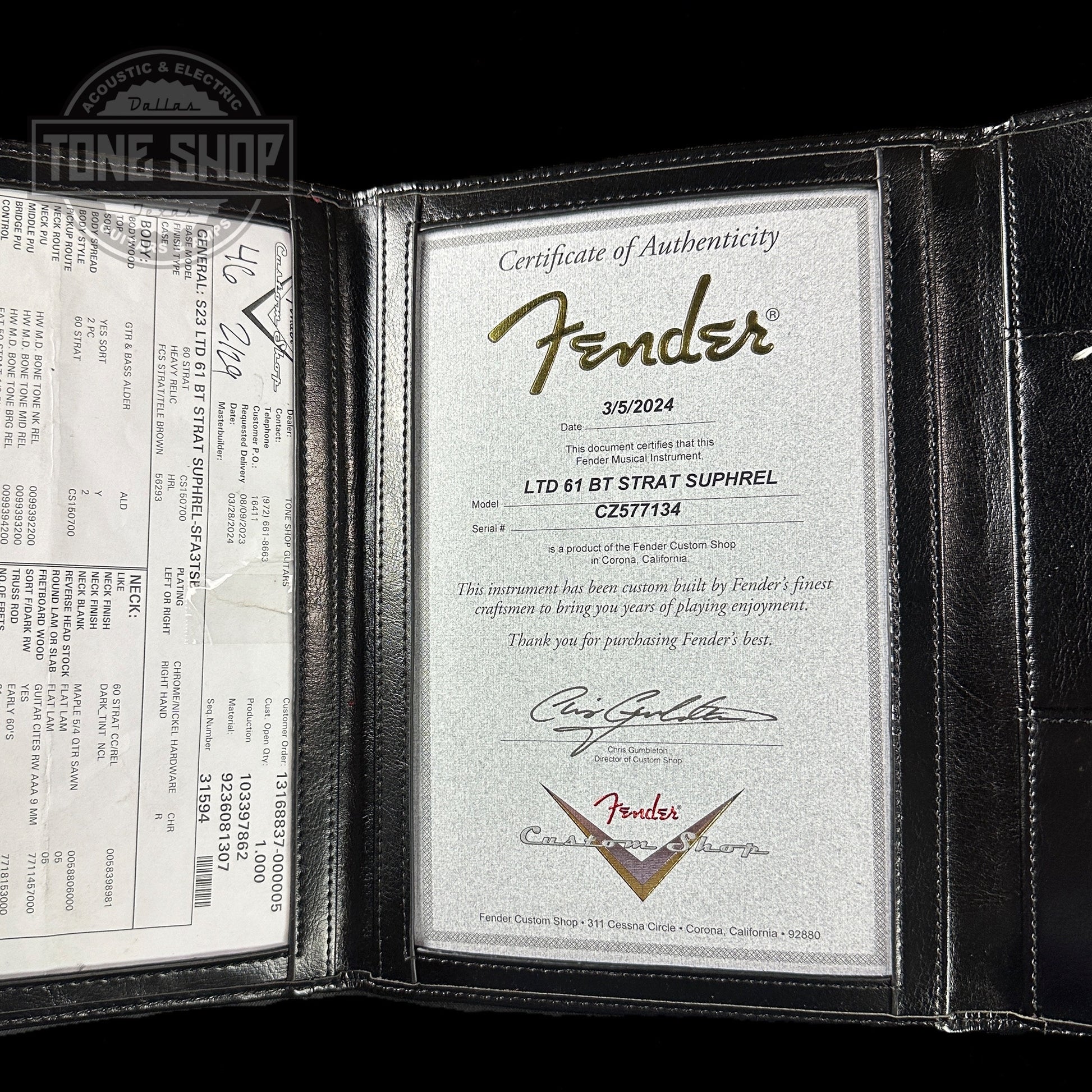 Certificate of authenticity for Fender Custom Shop Limited Edition 61 Bone Tone Strat Super Heavy Relic Super Faded Aged 3 Color Sunburst.